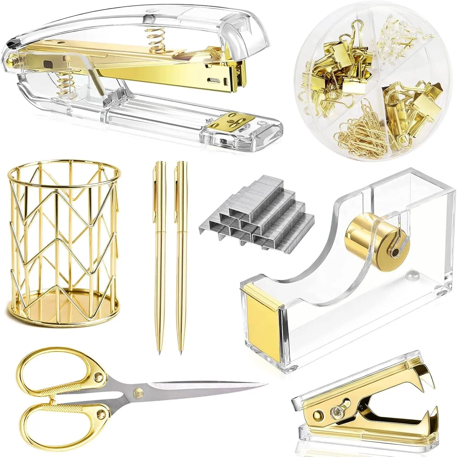 Gold Acrylic Desk Organizer Set - Office Stationery Accessories Kit for Organize Desk with Stapler, Staple Remover, Tape Holder, Pen Holder, 2 Ballpoint Pens, Scissors, Binder Clips, Paper Clips, 1000pcs Staples