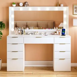 Vanity Desk with Large Mirror and Lights, 45.3in Makeup Vanity with Power Outlet 9 Drawers & Storage, 3 Lighting Color Adjustable, Black