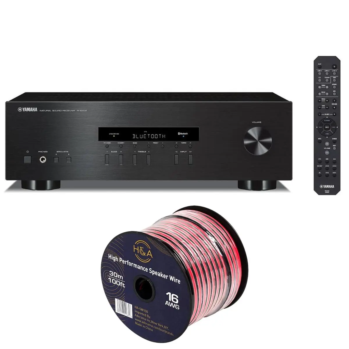 Yamaha R-S202BL Bluetooth Stereo Receiver - Smartphone Wireless Connectivity, Subwoofer Compatible, Remote Control + H&A 16 AWG 100' Spool Speaker Wire Cable for Audio Devices