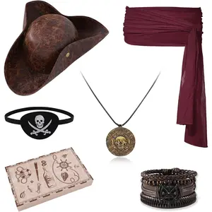 Pirate Hat and Accessories Set with Eye Patch Necklace Sash Leather Bracelets for Men Women Pirate Costume Halloween  Renaissance Outfit