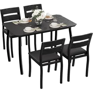 Dining Table Set for 4, Modern Kitchen Table Chairs Set of 4 with Chamfered Edges & Wooden Seats, Space-Saving Metal Frame Breakfast Nook for Small Spaces, Dining Room