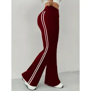 Women'S High-Waisted Tummy Control Flared Sports Pants, Striped Contrast, Casual Bell Bottoms, Polyester 90% Elastane 10%, Medium Stretch, Solid Color, Knit Fabric, 180g/m2 - Joggers Style
