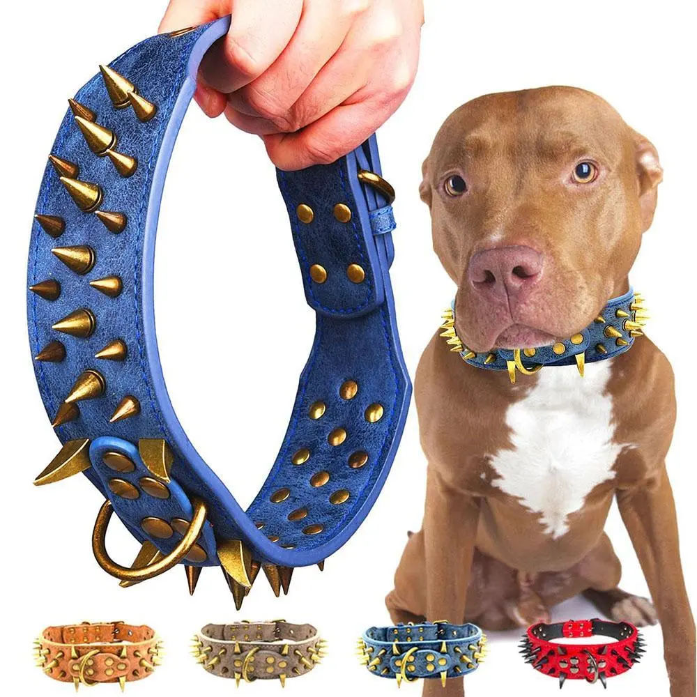 Spiked Studded Dog Collar, 2-Inch Wide with Large Sharp Spikes, Bite-Protection for Dog Neck, Fits Pitbull, Doberman, S, Collars, Large Spikes