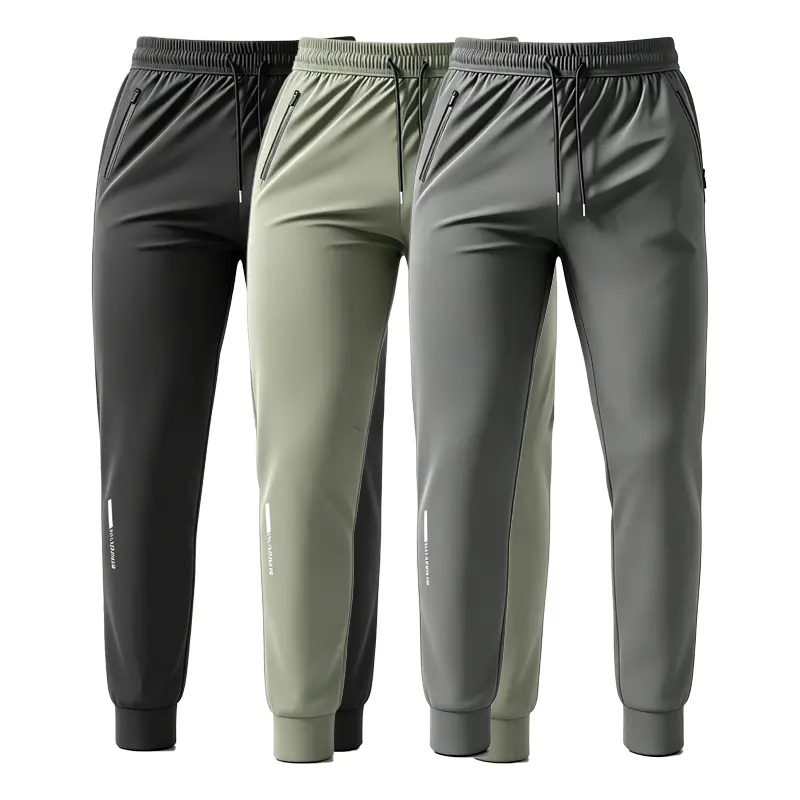 Men’s ice silk jogging pants — fabric is lightweight, breathable, and has moderate stretch; elastic waistband design with pockets and a jogger-style fit; solid-color outdoor casual athletic long pants, machine washable, comfortable and close-fitting.
