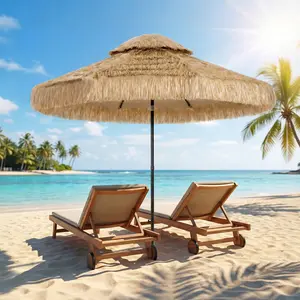 8.5 FT Khaki Tiki Patio Umbrella, 2-Tier Tropical Hawaiian Style Hula Thatched Outdoor Umbrella with 8 Ribs, UPF30+