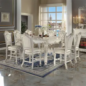 Acme DN01515-7PC Vendome Antique Pearl Finish Wood Counter Height Dining Table Set with Faux Leather Upholstery 7 pc Table 54"x54"x36" H Chairs 20"x24"x37" H