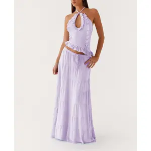 Women's 2 Piece Skirt Outfits Halter Neck Ruffle Trim Tops Long Flowy Skirt Set
