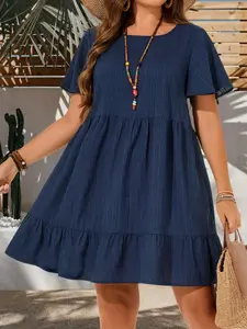 Elegant Plus Size Women's Summer Vacation Casual Solid Color Short Sleeve Dress, Ladies Summer Clothing, Office Fashion Daily Wear