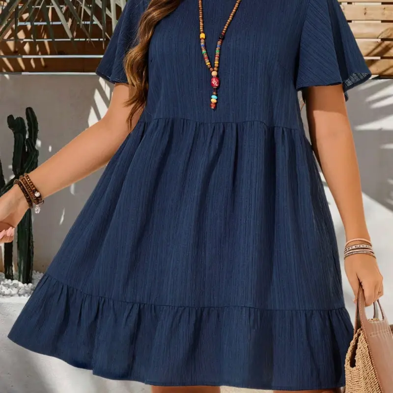 Plus Size Women's Elegant Casual Solid Color Lightweight Short Sleeve Dress Fit for Vacation, Ladies Fashion Summer Clothing for Office and Daily Wear, Womenswear