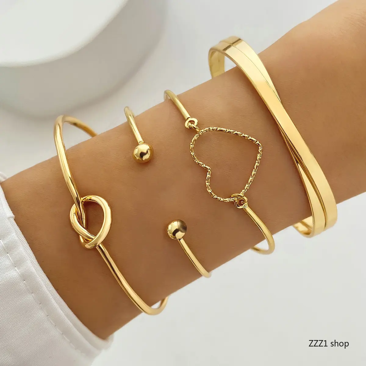 Women's Adjustable Gold Toned Minimalist Bangle Set - Trendy Stackable Twist-Open Cuff Bangles Bracelets, Elegant Hollow Heart Love Knot Double Ball Jewelry Gift for Daily Wear, Sports Wristband, Adjustable Minimalist Bangle