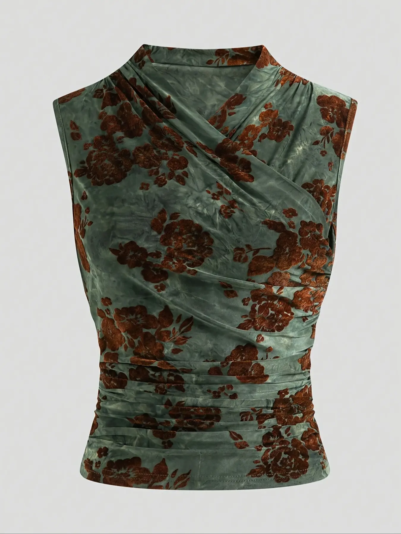 Women's Vintage Fashion Comfortable Floral Collar Waist Pleated Ruched Design Elegant Sleeveless Slim Fit Vest, Stylish Retro Style, Perfect for Casual Wear