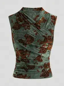 Women's Vintage Fashion Comfortable Floral Collar Waist Pleated Ruched Design Elegant Sleeveless Vest, Stylish Retro Style, Perfect for Casual Wear