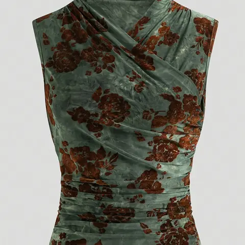 Women's Vintage Fashion Comfortable Floral Collar Waist Pleated Ruched Design Elegant Sleeveless Slim Fit Vest Tops, Stylish Retro Style, Perfect for Casual Wear