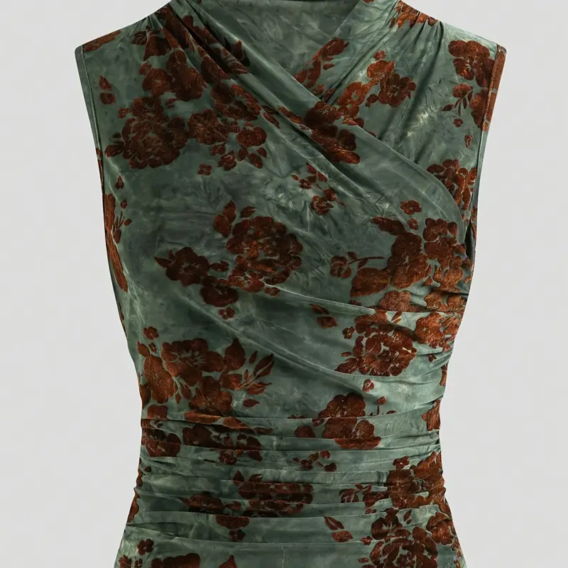 Women's Vintage Fashion Comfortable Floral Collar Waist Pleated Ruched Design Elegant Sleeveless Slim Fit Vest Tops, Stylish Retro Style, Perfect for Casual Wear