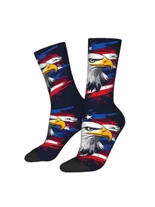 BIIHUDU Men'S Patriotic & Flag Print Polyester Socks - Navy Blue with Red, White & Blue Stripes, Durable Casual Comfort Fit for Casu Streetwear