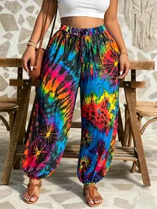 Plus Size Tie-Dye Harem Pants Casual Loose Fit Baggy Trousers, Y2K Clothes Summer Daily Wear, Trendy Bohemian Bottoms, Comfortable Relaxed Fit Casual Ensembles, Stylish Vibrant Pattern Detail Party Casual Wear