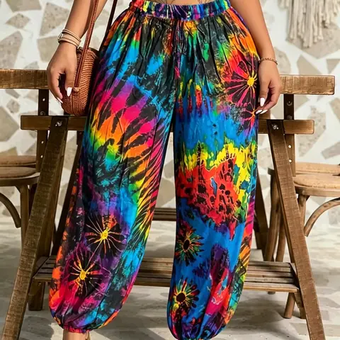 Plus Size Tie-Dye Drawstring Elastic Harem Pants with Pockets, Casual Long Pants, Casual Loose Fit Baggy Trousers, Boho Fashion Trousers, Y2K Summer Daily Wear, Trendy Boho Bohemian Bottoms, Relaxed Fit, Stylish Vibrant Pattern Party Casual Wear