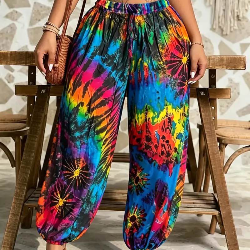 Plus Size Tie-Dye Drawstring Elastic Harem Pants with Pockets, Casual Long Pants, Casual Loose Fit Baggy Trousers, Boho Fashion Trousers, Y2K Summer Daily Wear, Trendy Boho Bohemian Bottoms, Relaxed Fit, Stylish Vibrant Pattern Party Casual Wear