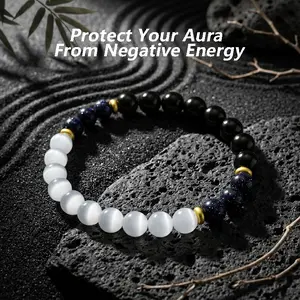 Father's Day Sale Cat's Eye Selenite Obsidian Blue Sandstone Bracelet, Unisex Natural Crystal Stretch Bracelet with 18K Gold Spacers, Protection & Calming Energy Jewelry for Men Women