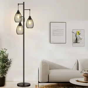 Dimmable floor lamp, 3x800LMLED Bulbs Included, Farmhouse Industrial Floor Lamp Standing Tree Light with Elegant Teardrop Cage High Lamp Living Room Bedroom Office Dining Room Black