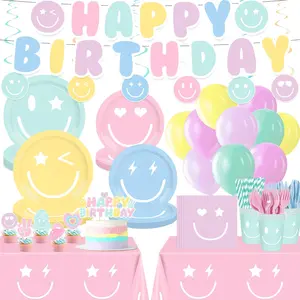 199 count Smiley  Birthday Decorations Smile Pastel Themed Preppy Theme Plates and Napkins Set,Balloon, Banner,Tablecloth, ,Cupcake Topper,Smiley Pastel Birthday Party Supplies Serve 24 Guests