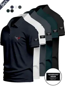 5-Pack Men's Waffle Short Sleeve Polo Shirts, Breathable, Bull Print, Manbrand Logo, Business Casual, All Seasons, Versatile Style