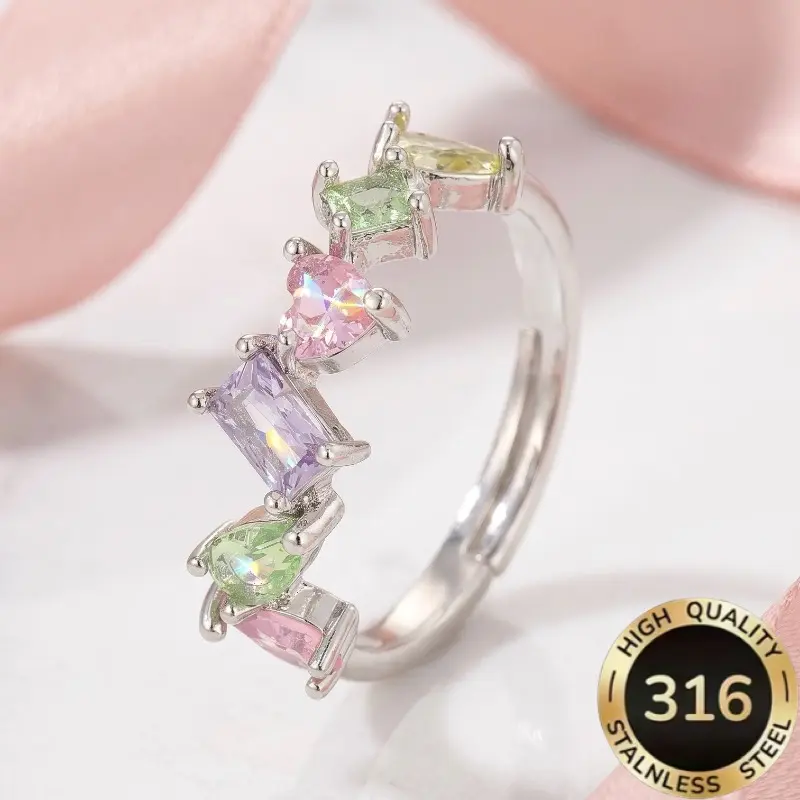 Women's 316 Stainless Steel Adjustable Anti-Allergy Ring - 1 Piece High-Quality Light Luxury Dopamine Color Multi-Shaped Synthetic Zircon Design for Daily Wear & Anniversary Gifting