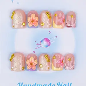 Nailssbysheccid, 10pcs press-on nails, Nail art, square shape, 100% handmade, simple style, French style, 3D, suitable for dates, weddings, comes with jelly glue, crystal sticks and twisting rods