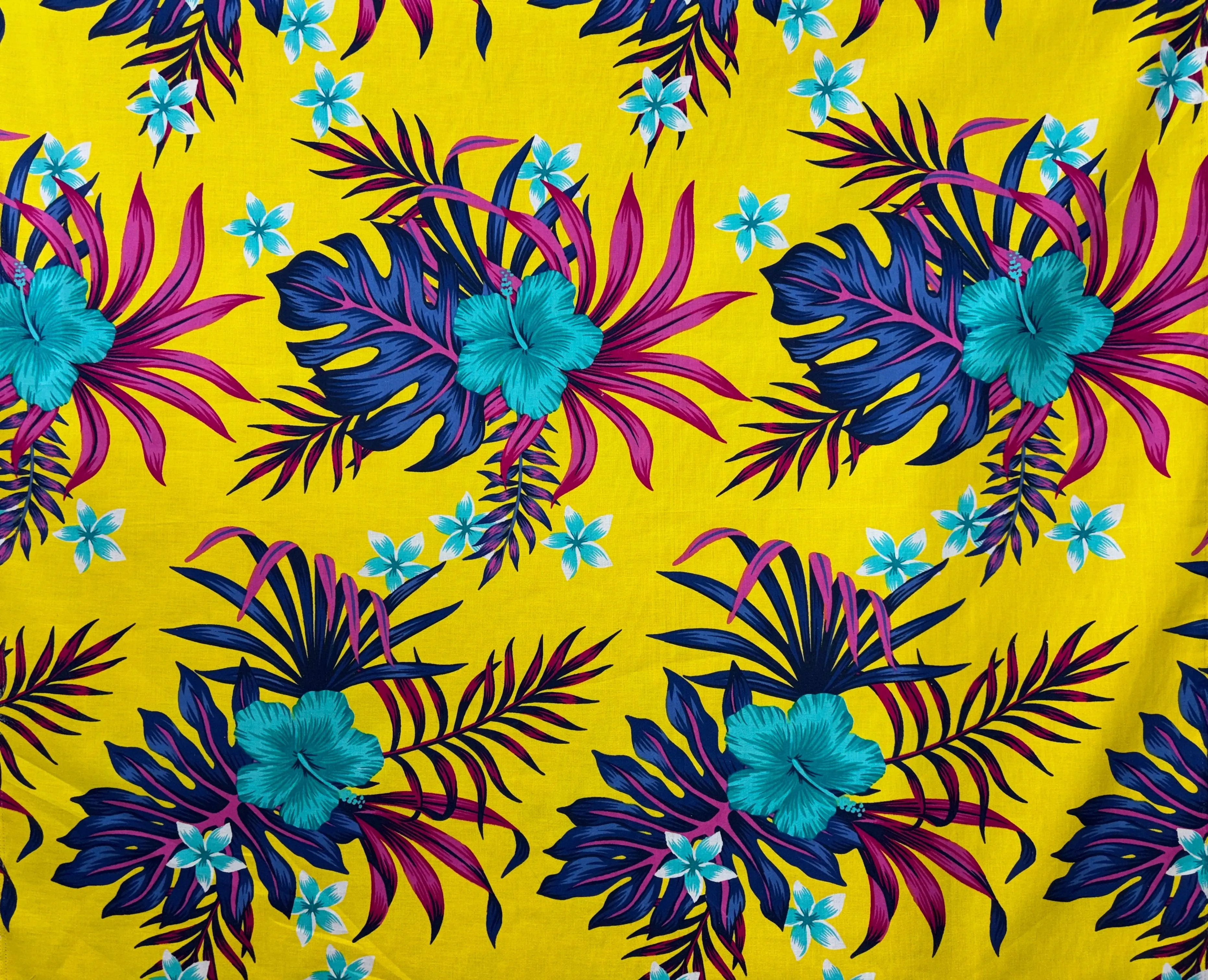 Tropical Print Cotton Floral Fabric - 36 in x 42 in Soft Continuous Piece with Hibiscus, Monstera, Plumeria Flower Clusters | Island Textile for Sewing, Soft Furnishings, Blouse, Hibiscus Flowers, One Size, Continuous Cut