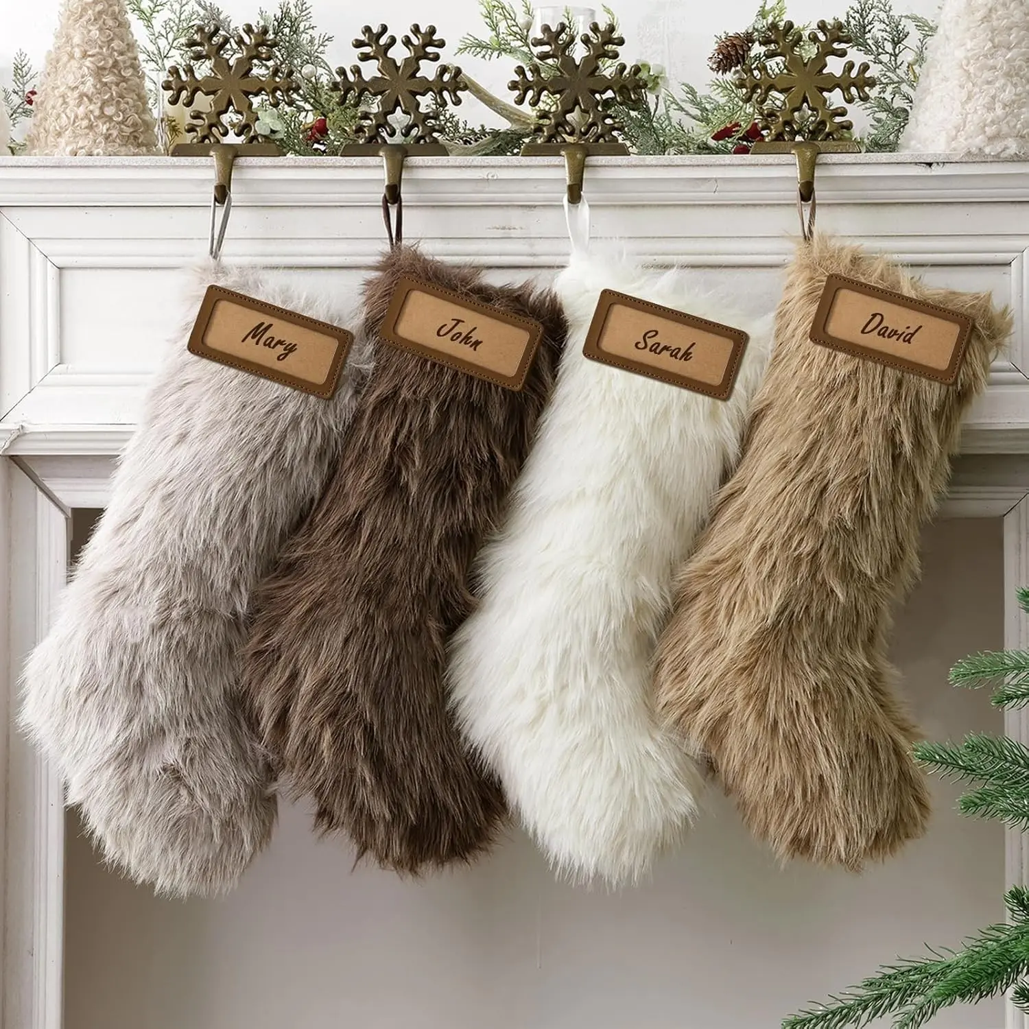 4 Pcs 18 Inch Personalized Neutral Luxury Thick Plush Faux Fur Christmas Stockings White Brown Grey for Christmas Home Decor Xmas Party Winter Gifts