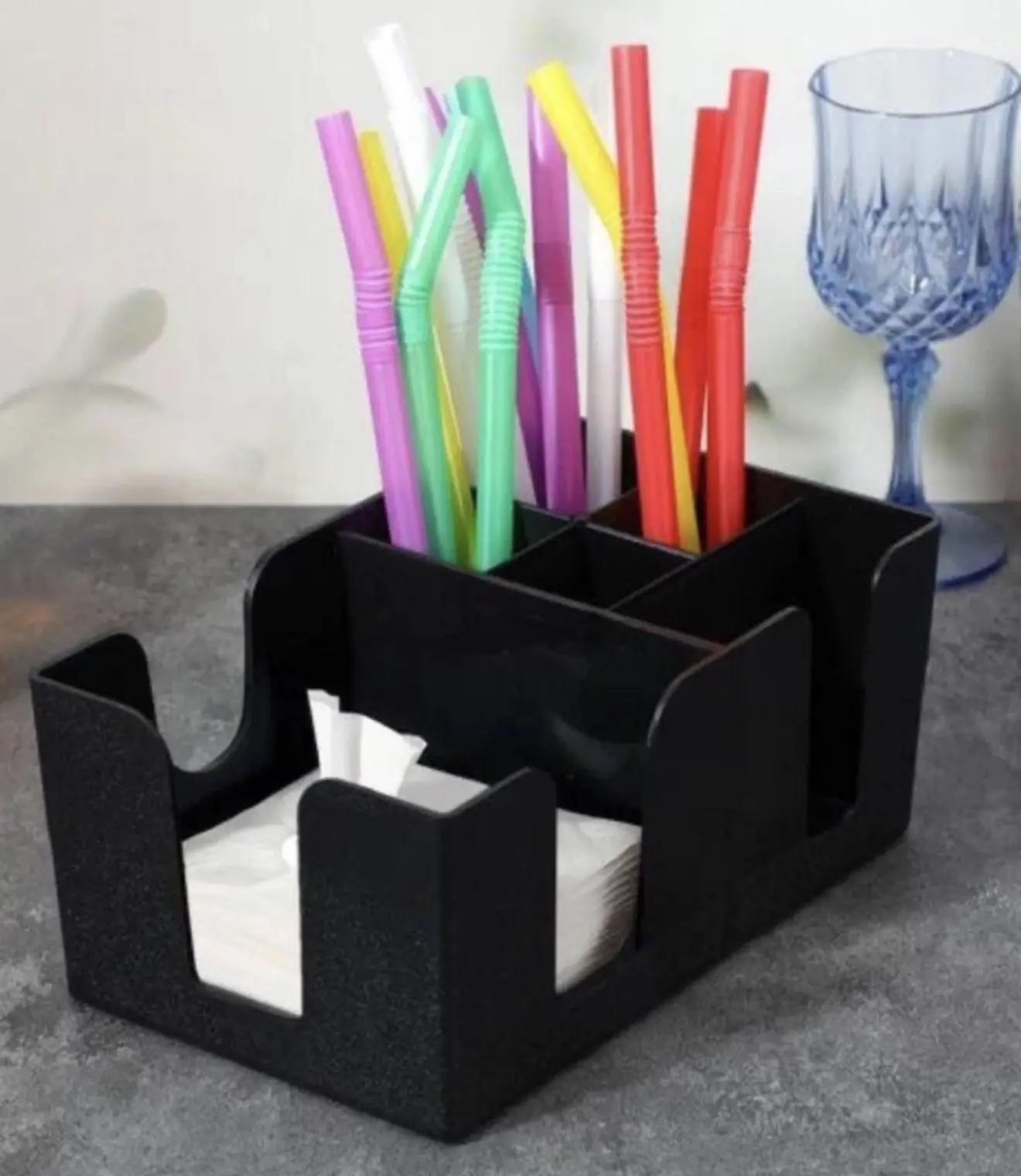 Black Plastic Bar Caddy Organizer, 6 Compartments, Fits 4.75" Square Napkins