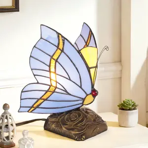 Tiffany Style Blue Butterfly Stained Glass Accent Table Lamp Antique Brass Base E26 Base In-Line Switch Decorative Lamp for Bedroom Living Room Home Office 15.4 Inches Tall