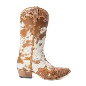 Dakota Dust Handtooled Boots Women's - Brown and White Cowhide Design with Detailed Tooling
