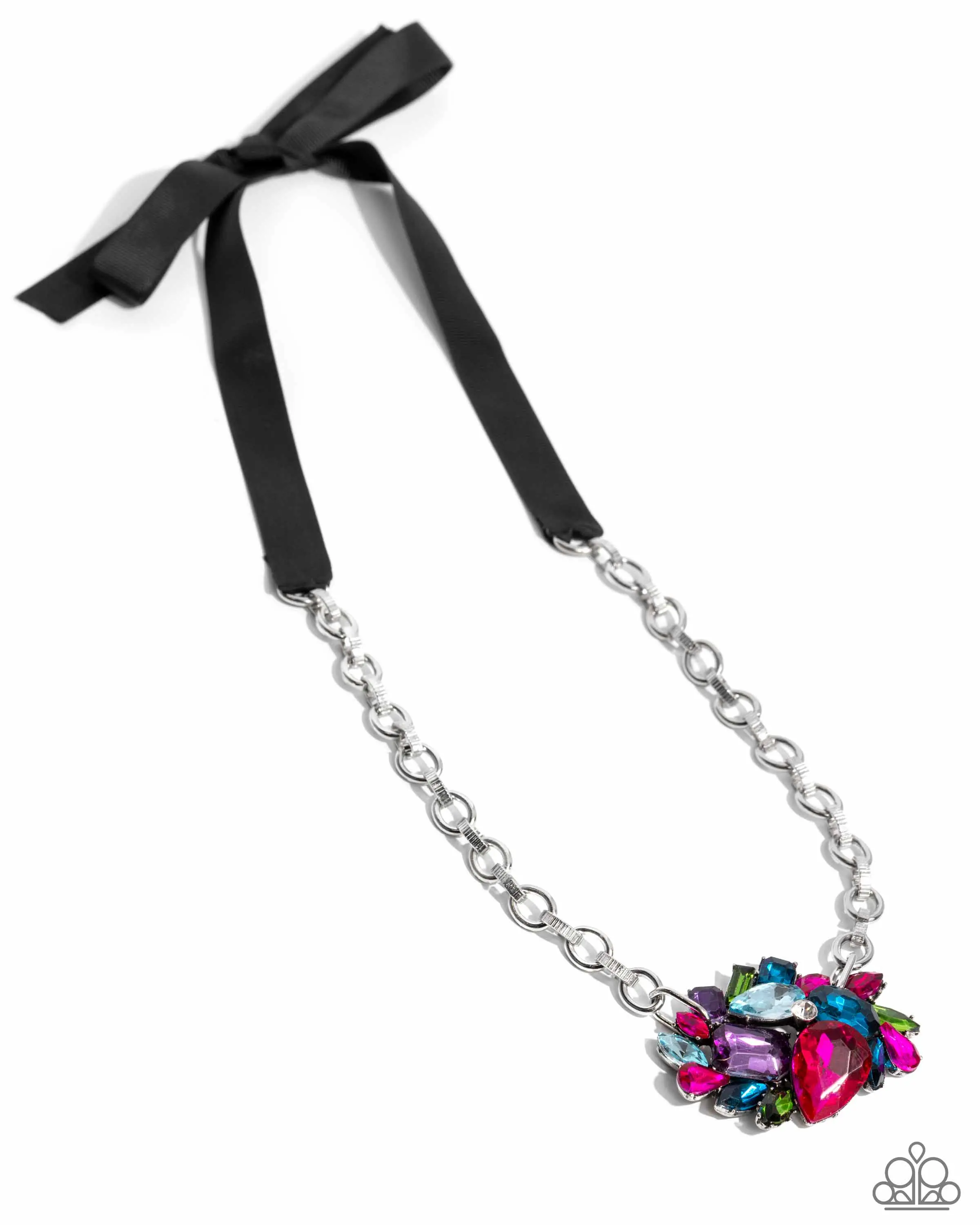 Tantalizing Tapestry - Multi Ribbon Necklace - Colorful Gems and Rhinestones in Various Cuts Clusters at Bottom of Silver Chain on Black Ribbon Necklace