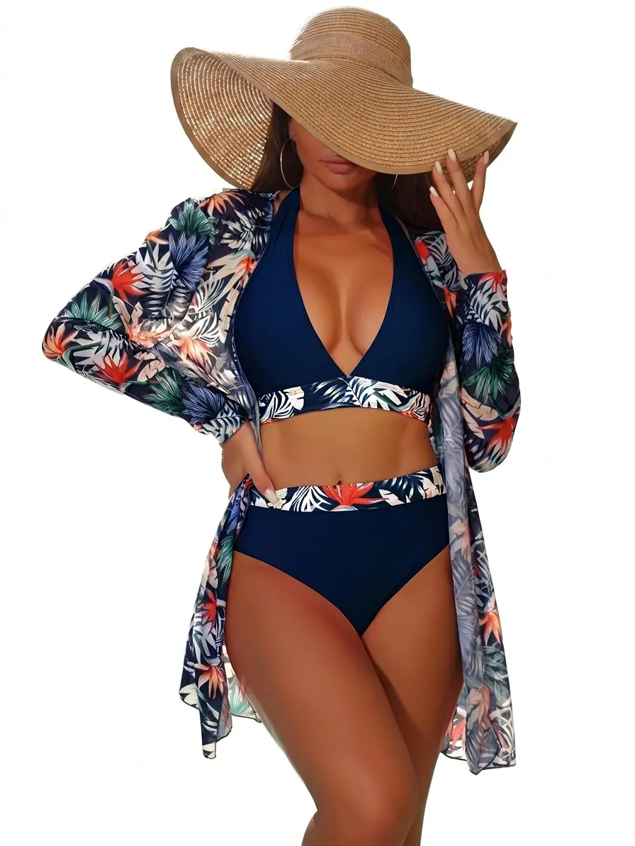 Women 3 Piece Tropical Leaf Bathing Suit Set, Halter Deep V Neck Bikini Crop Top, High Waisted Bikini Bottoms, Long Sleeve Open Front Beach Kimono Cover Up, Summer Pool Cruise Matching Swim Outfit