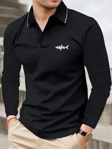 Men's Lightweight Spring & Autumn Fish Print Long Sleeve Buttoned Polo Shirt Fashionable Casual Sports Travel Business Work Golf Fishing Camping Gift for Boyfriend or Husband Holiday Wear Trendy  Menswear