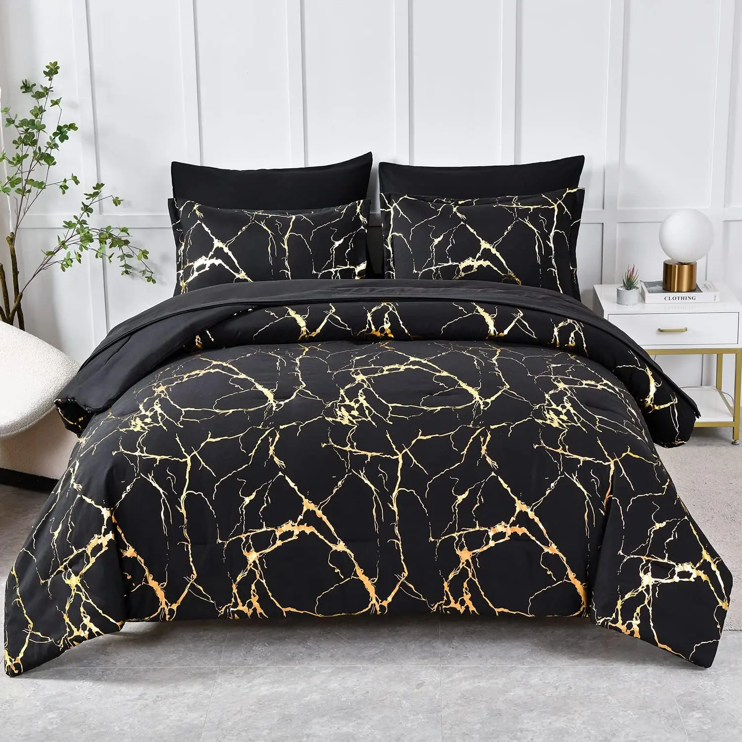 Metallic Marble Comforter Set  Size,7  Bed in a Bag,Foil Print Glitter Black Comforter and Sheet Set,All Season Soft Microfiber Complete Bedding Sets(Black,)