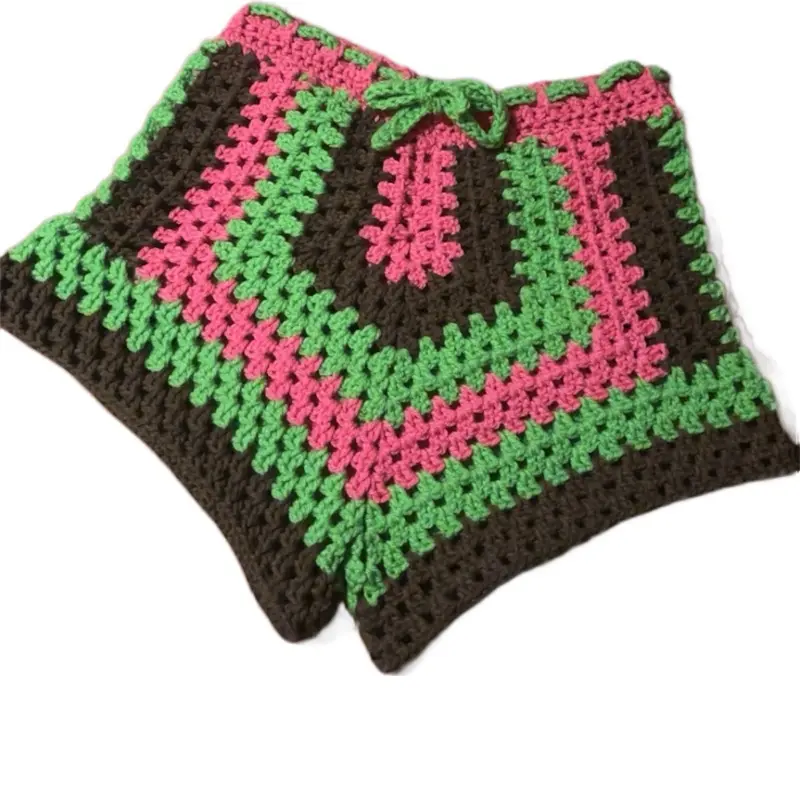 Women's Crochet Shorts - Brown, Green, and Pink Color Block Design with Drawstring Waist