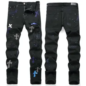 European and American high street black cross badge rhinestone jeans men's slim fit casual pants