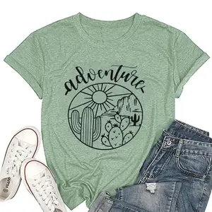Hiking Mountain Women Shirts Funny Sunshine Short Sleeve Graphic Tees Cute Cactus Workout Tops Bean Green M