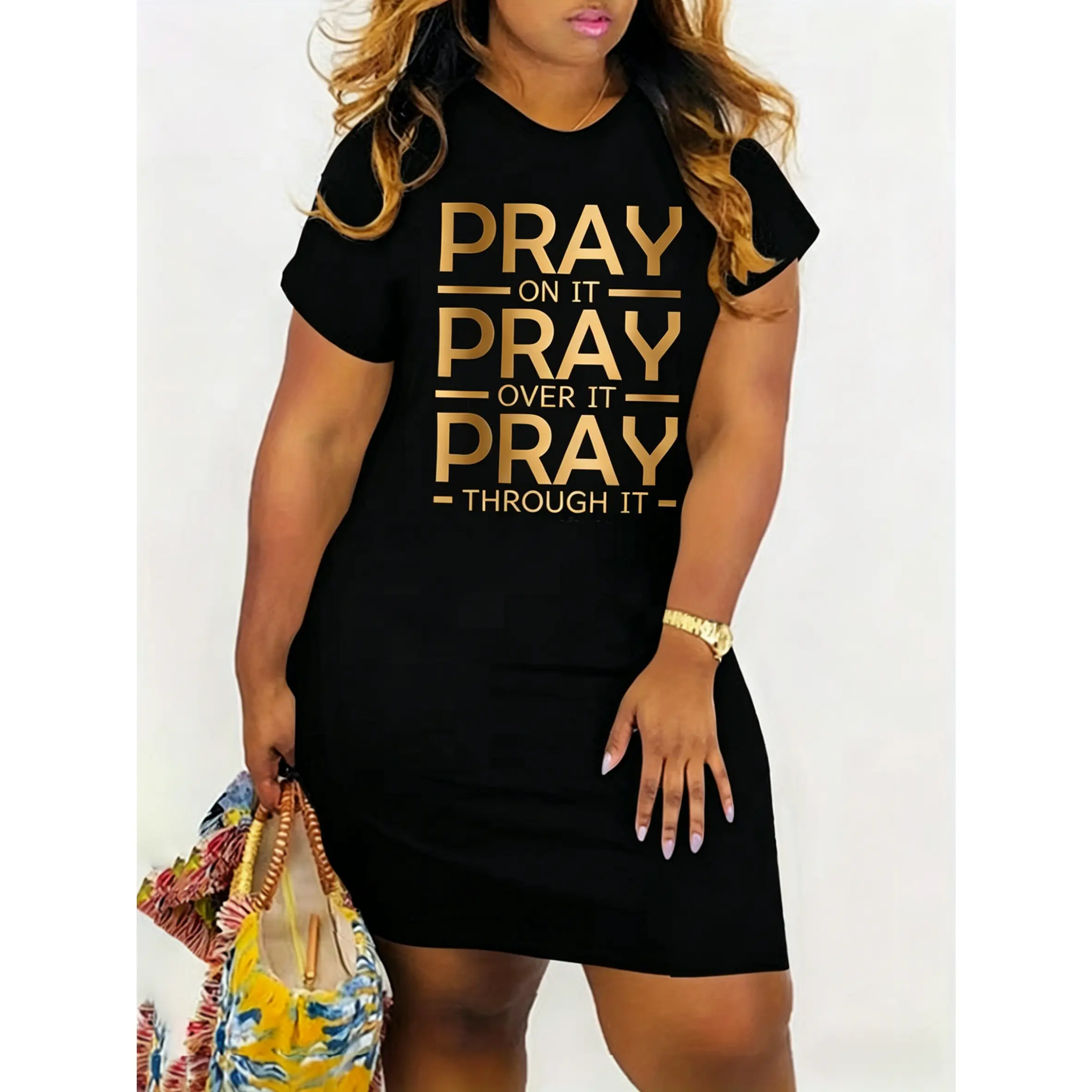Women's Plus-Size Short-Sleeve Graphic Letter-Printed Round-Neck T-Shirt Dress - Polyester, Smooth, Medium-Stretch Fabric, Customized, Loungewear, Ideal Gift Choice