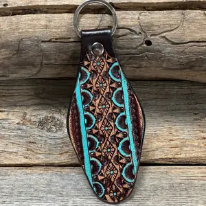 Turquoise and Brown Leather Hand Painted Key Chain