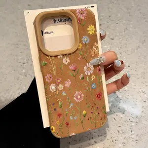 Luxury Matte Lambskin Faux Leather Phone Case for iPhone 15 Plus 16 Pro Max 14 13 12 11 XR XS Fragrant Flowers Pattern Full Body Protection Shockproof Soft Silicone Cover