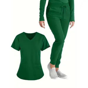 Women'sStretchNurseSuitWithPockets-V-neckShortSleeveTopWithDrawstringPantsNursesAnd,BreathablePolyesterBlendWomenswearClothingCollarSolidUniformsWorkwearWovenComfortFittedCasualMinimalistVneck