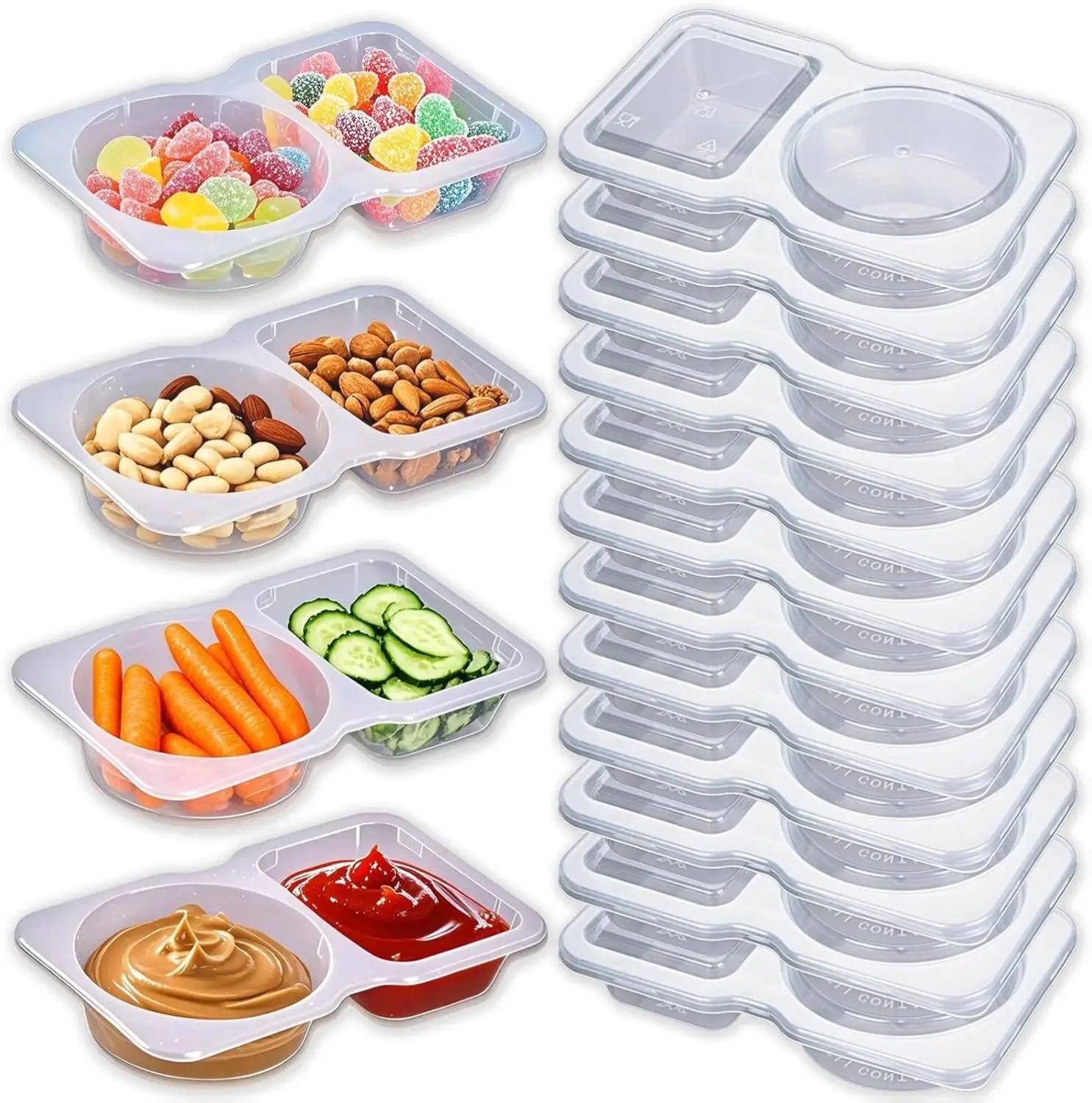 12Pcs Snack Pack Containers, Double Compartment Condiment Containers with Lids, Reusable Small Sauce Dipping Containers, Grab and Go Snack Containers,