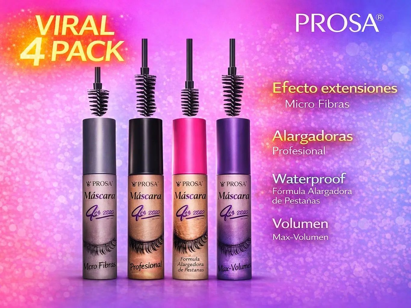 Prosa Viral 4 Pack - 4 in 1 Mascara Collection - Professional Silicone Brush for Natural Lash Definition & Longer Length - Makeup