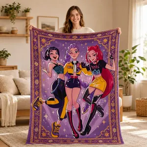 Whimsical K-Pop Demon Hunters Flannel Blanket, Huntrix Rumi Mira Zoey Anime Girl Group Print, Soft Warm Cozy Throw for Adults And Kids, Teens, Children, Sofa Bed, Dorm, Music Fan Gift