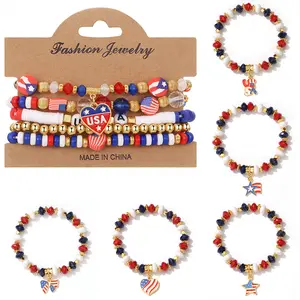 American Fashion Non-Natural Crystal Stacked Bracelet Set - Independence Day Themed, Magic Hat & Flag Pendant Accents, Versatile Jewelry Accessory design