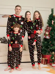 2 Piece Christmas Family Pajama Set, Cartoon Deer Print Top & Irregular Pants, Casual Fitted Sleepwear Pyjamas for Men Women Kids