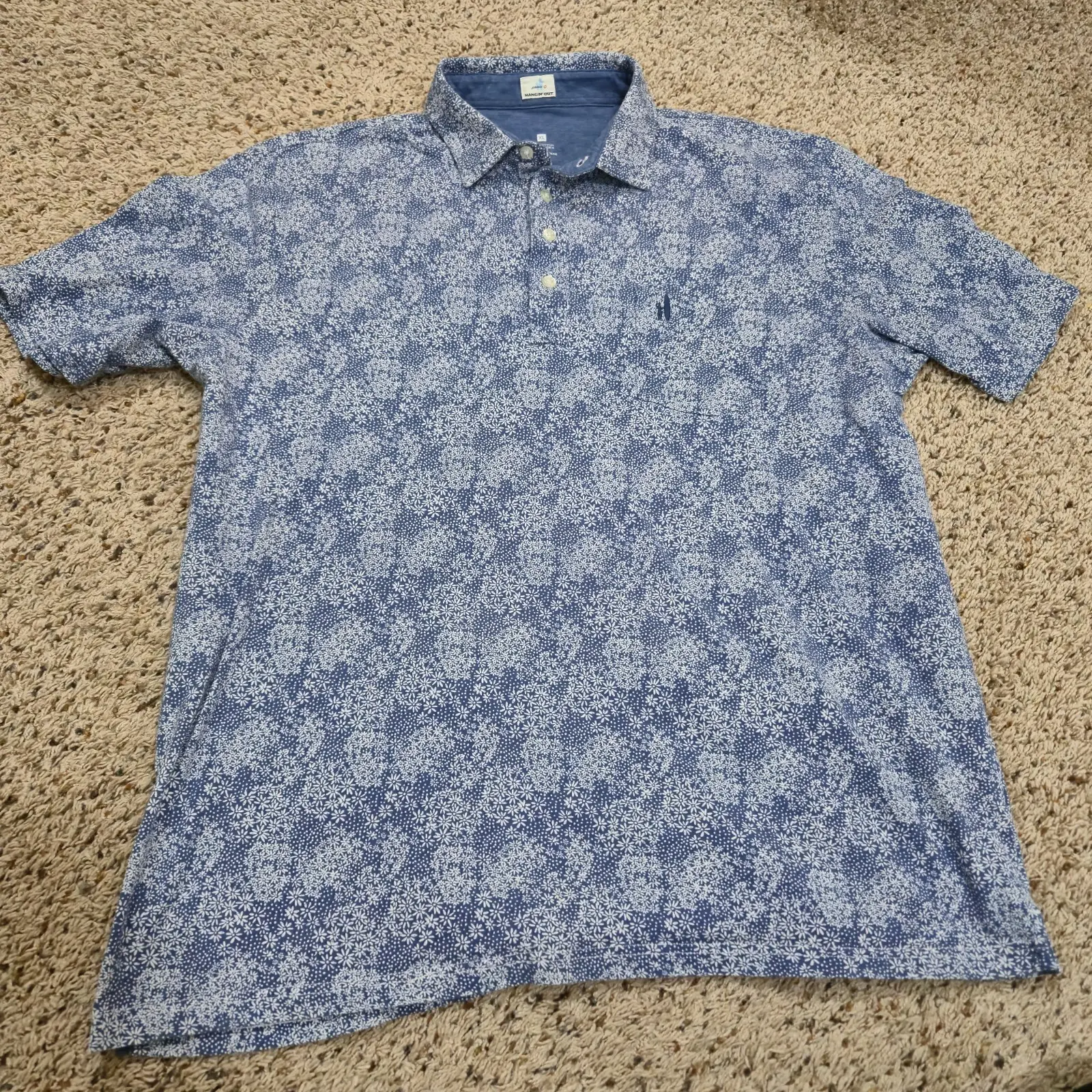 johnnie-O Polo Mens XL Blue Floral Print Cotton Short Sleeve Shirt Casual Classic Menswear Preppy